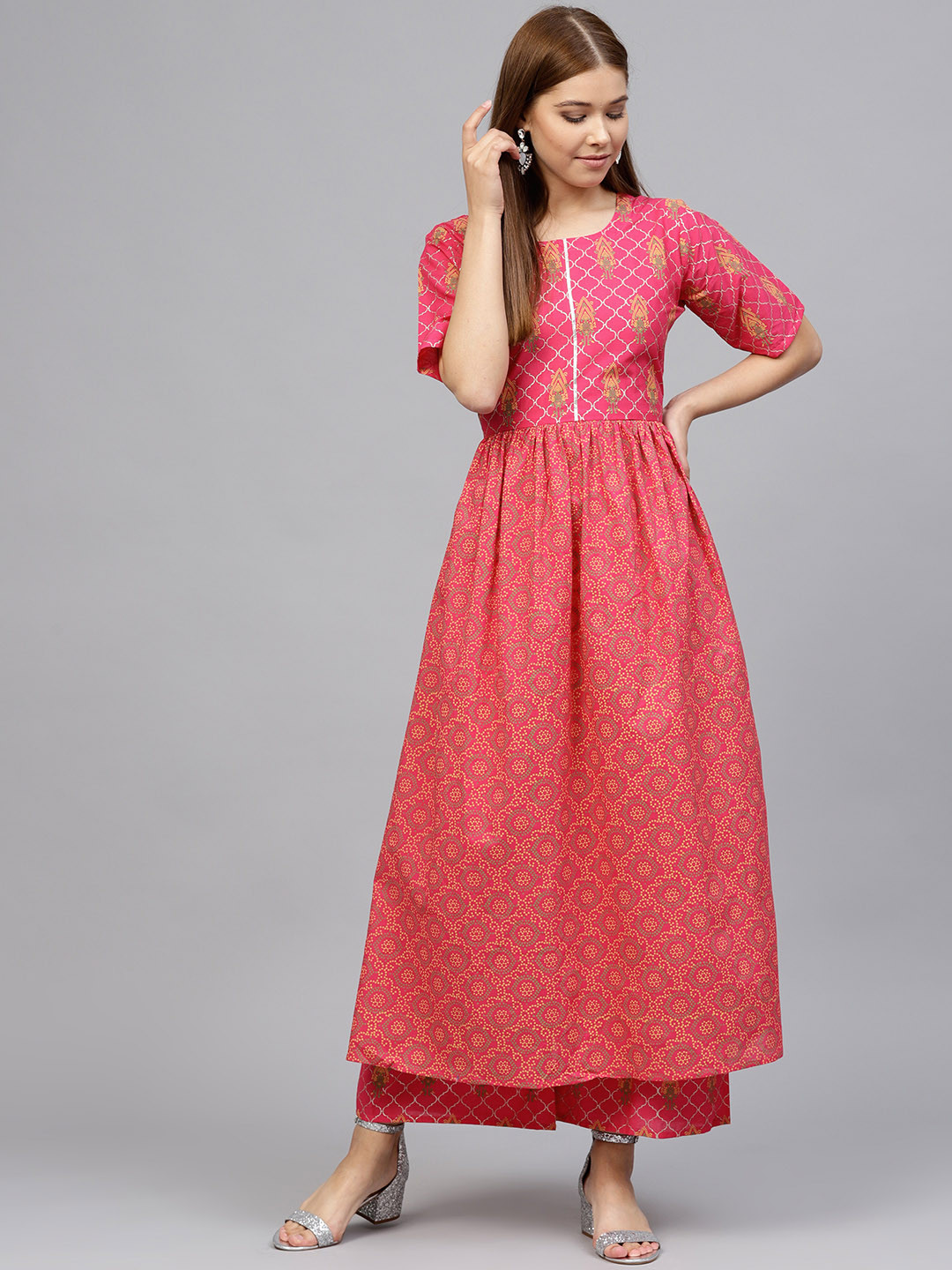 

Ahalyaa Women Pink & Mustard Yellow Printed Kurta with Palazzos