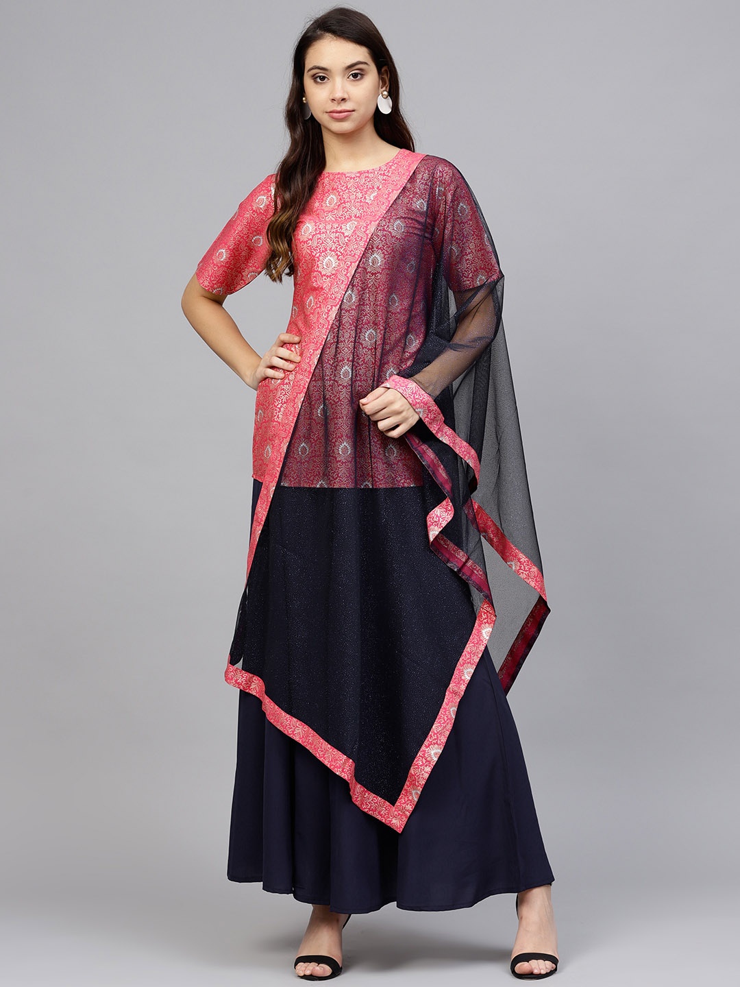 

Ahalyaa Women Pink & Navy Blue Printed Kurti with Palazzos & Dupatta