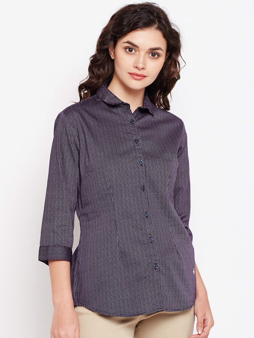 

Crimsoune Club Women Purple & Off-White Slim Fit Printed Casual Shirt