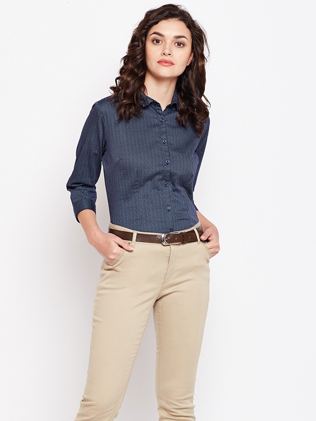 

Crimsoune Club Women Navy Blue & White Slim Fit Printed Casual Shirt