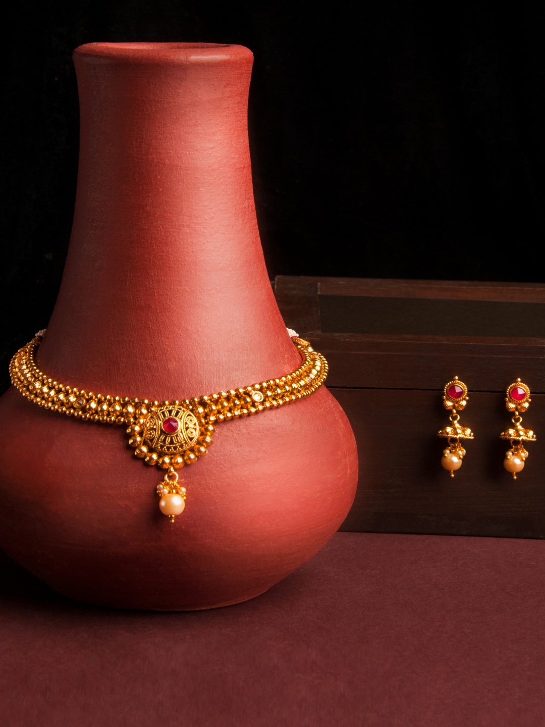 

Rubans Women Gold-Plated & Red Kundan Studded Necklace Set