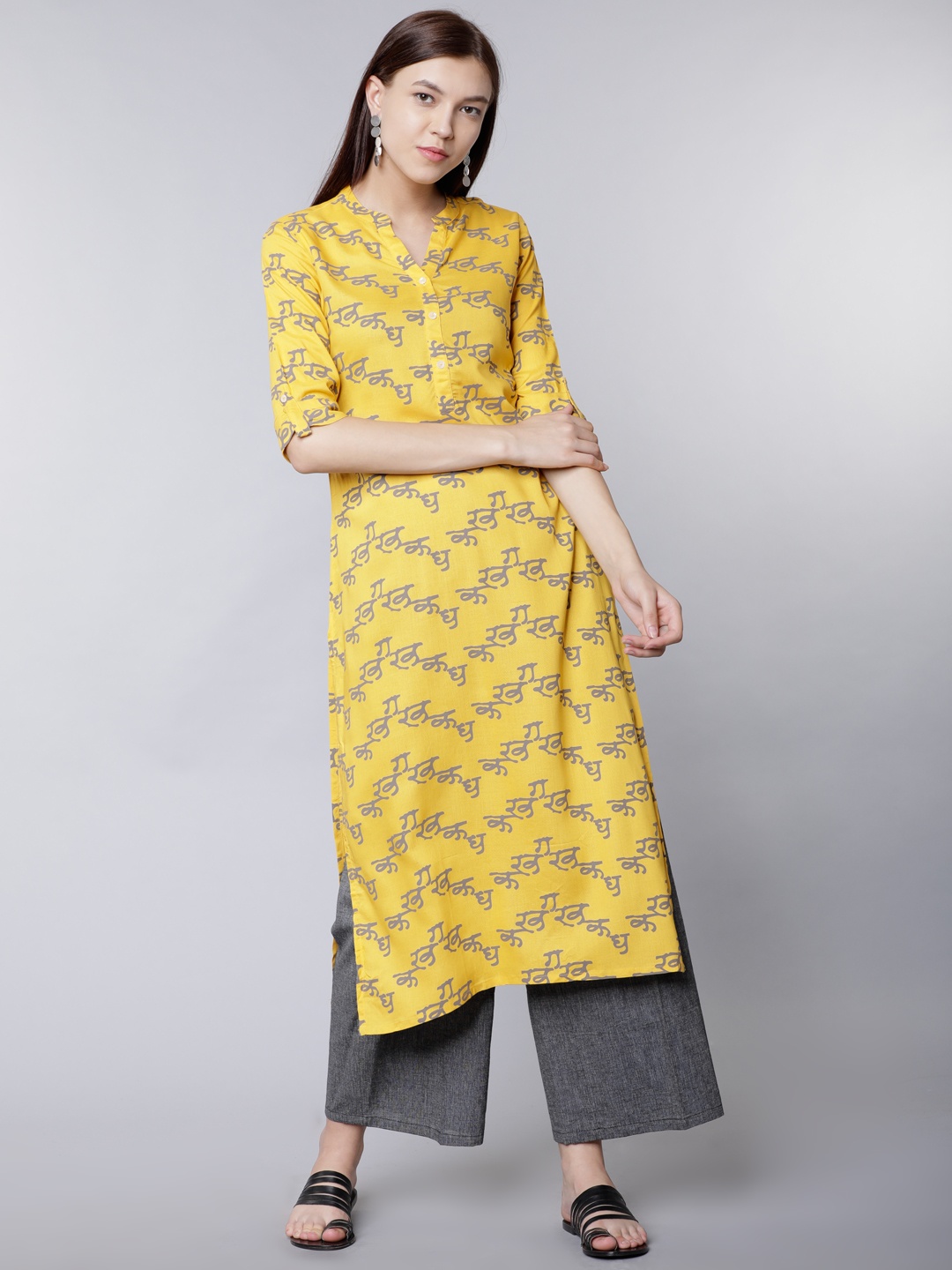 

Vishudh Women Yellow & Grey Printed A-Line Kurta
