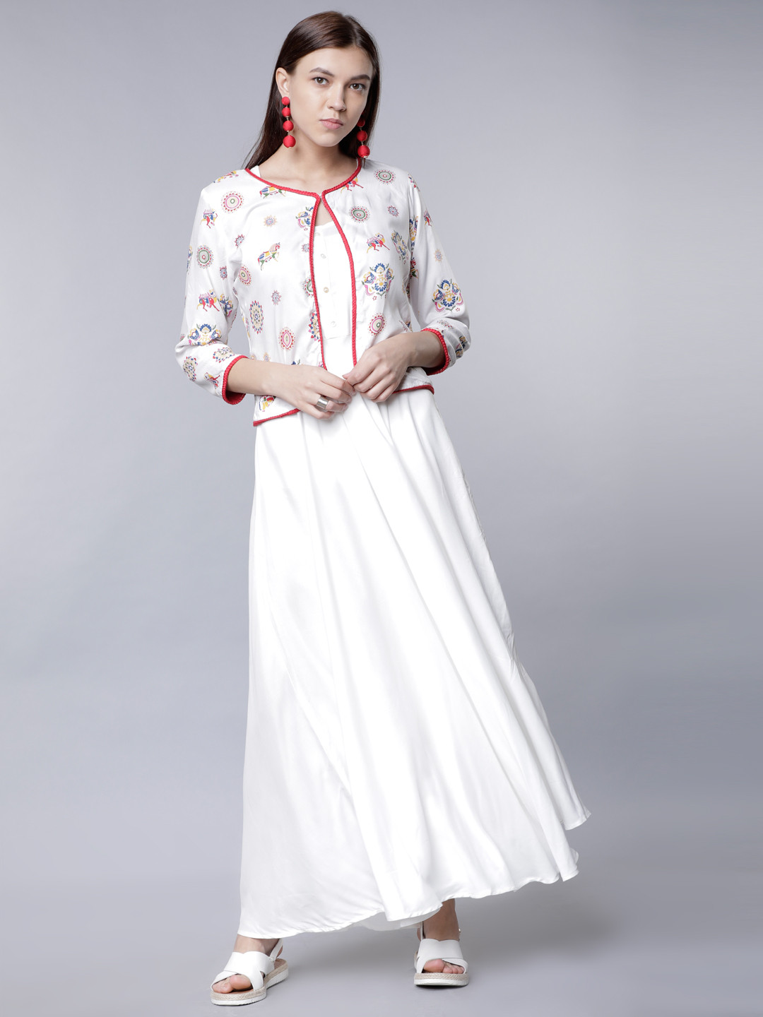 

Vishudh Women White Solid Fit and Flare Layered Dress with Jacket