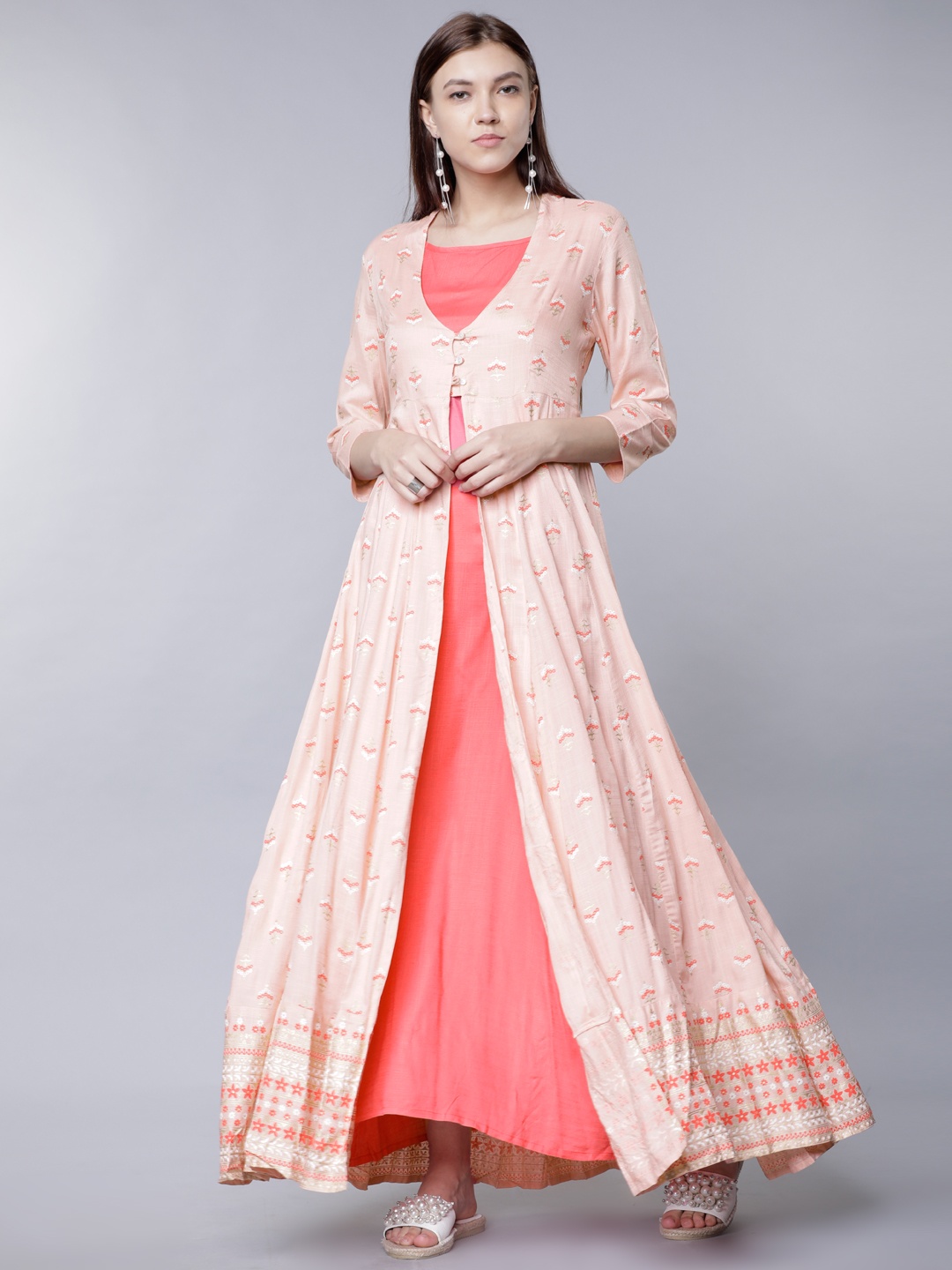 

Vishudh Women Pink Solid Layered Maxi Dress with Front Open Jacket