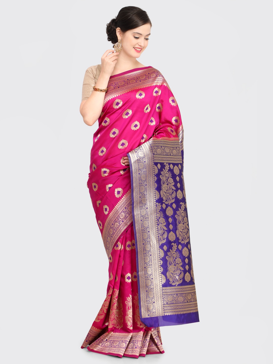 

Sugathari Pink & Blue Poly Silk Woven Design Banarasi Saree