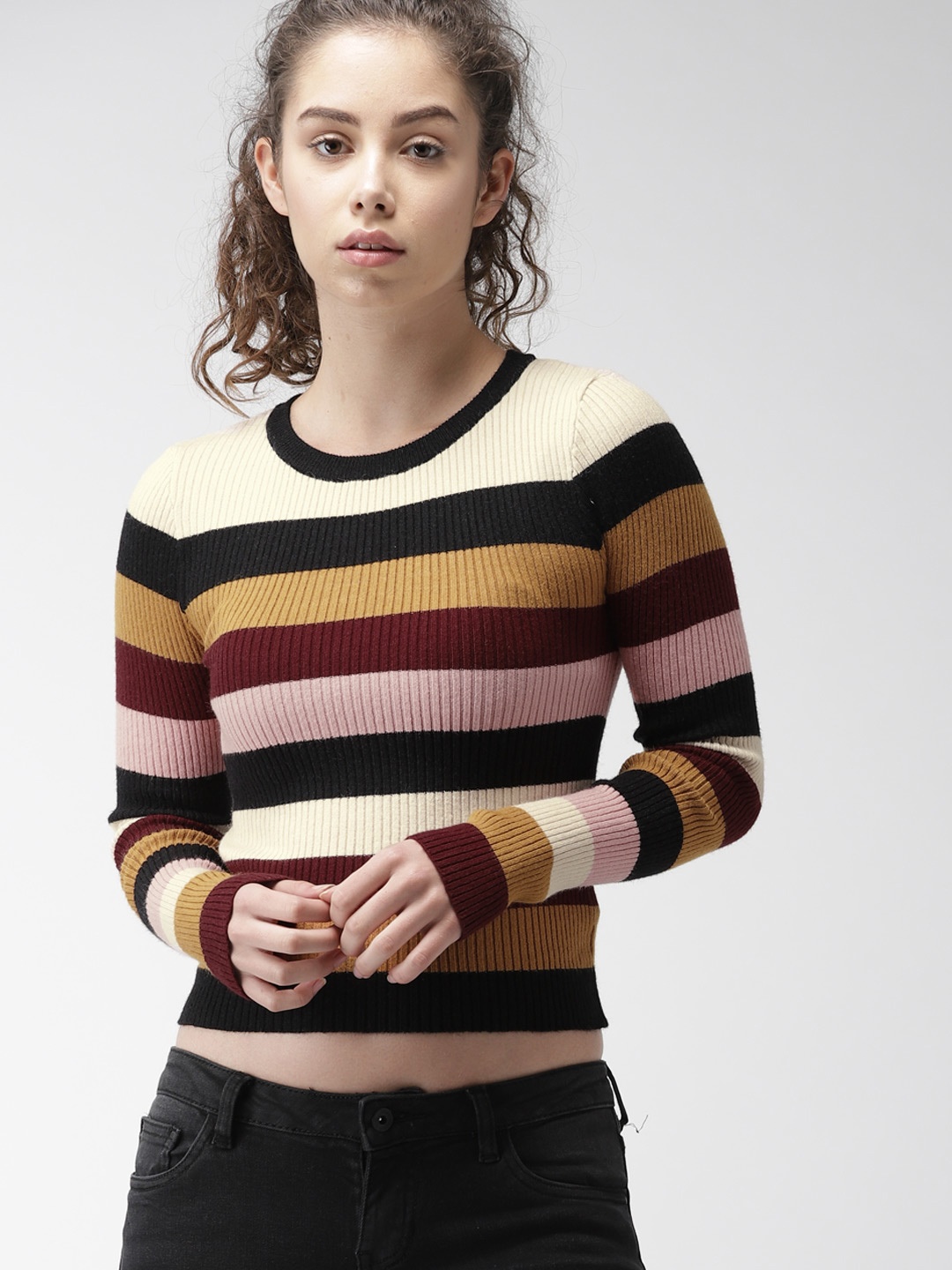 

FOREVER 21 Women Multicoloured Striped Crop Pullover, Multi