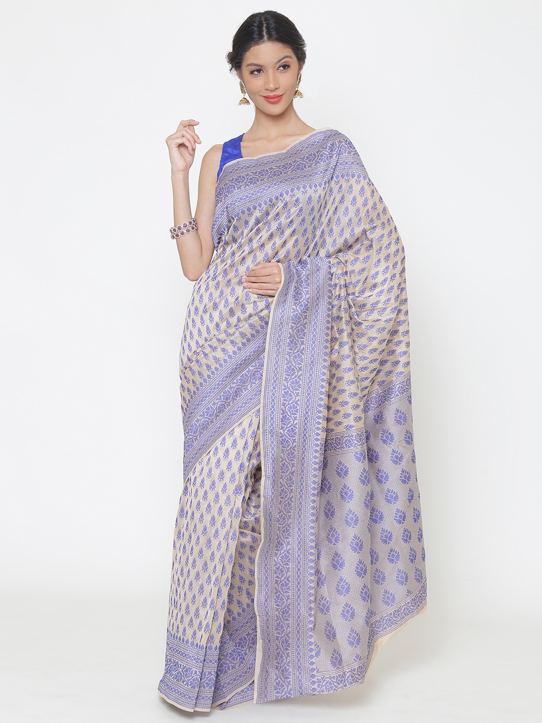 

Chhabra 555 Cream-Coloured & Blue Art Silk Floral Printed Chanderi Saree