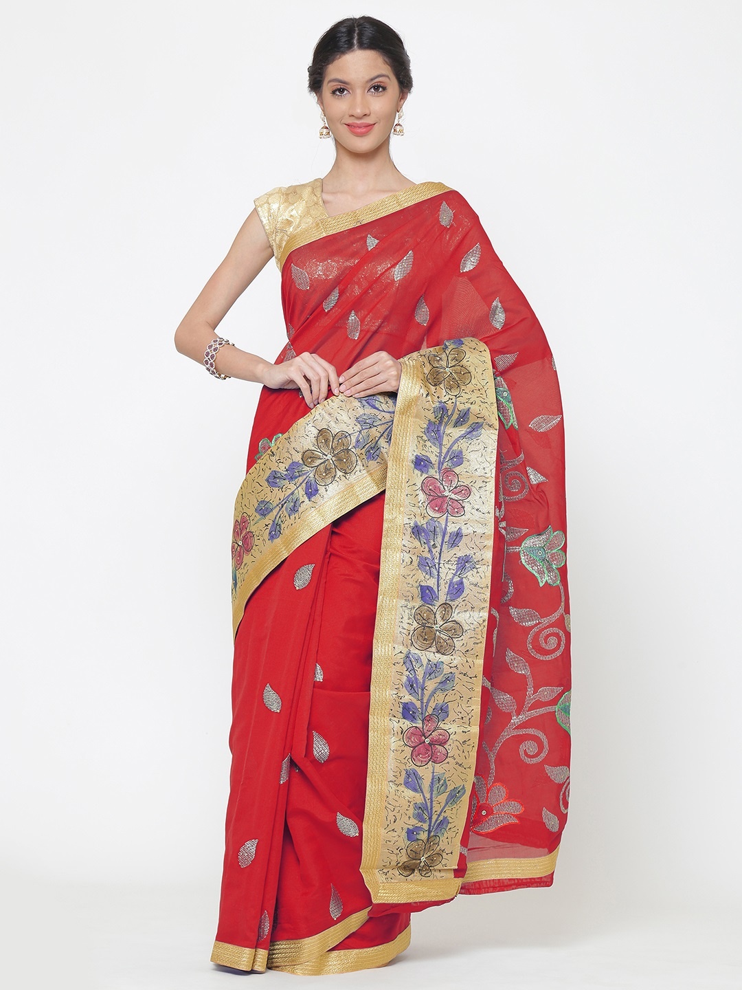 

Chhabra 555 Red Art Silk Embroidered Chanderi Silk Saree