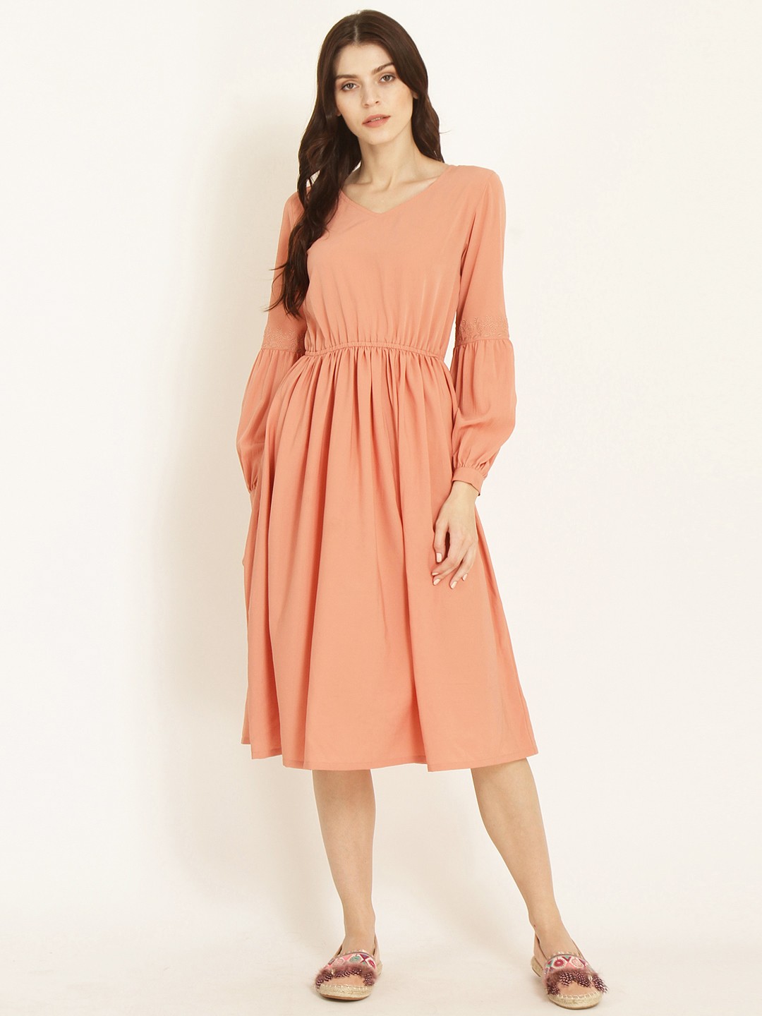 

Marie Claire Women Peach-Coloured Solid Fit and Flare Dress