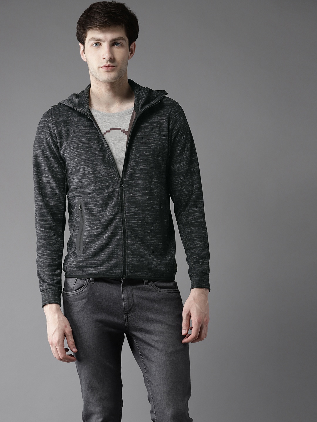 

Flying Machine Men Charcoal Grey Solid Hooded Sweatshirt