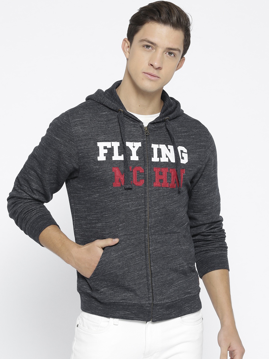 

Flying Machine Men Navy Blue Applique Detail Hooded Sweatshirt