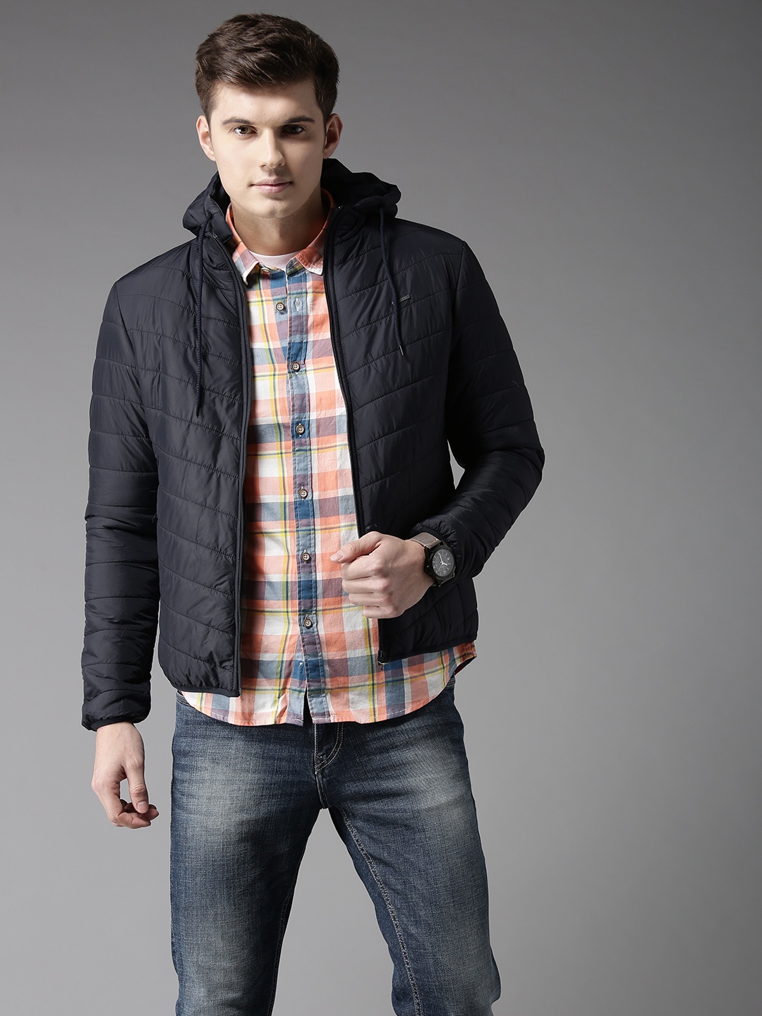 

Flying Machine Men Navy Blue Solid Padded Jacket