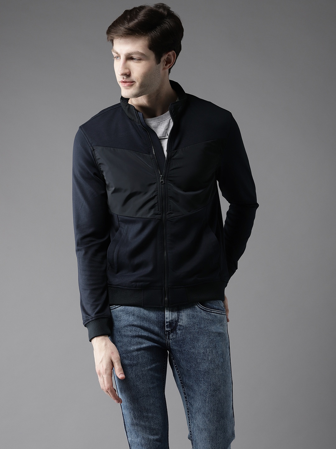 

Flying Machine Men Navy Blue Solid Bomber Jacket