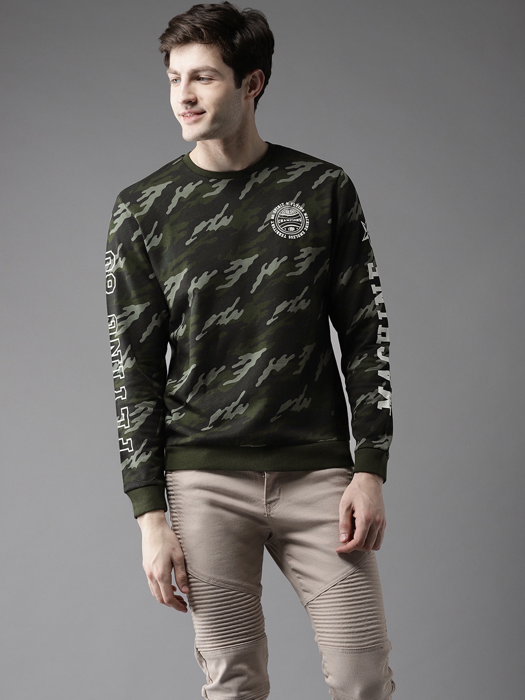 

Flying Machine Men Olive Green & Black Camouflage Print Sweatshirt