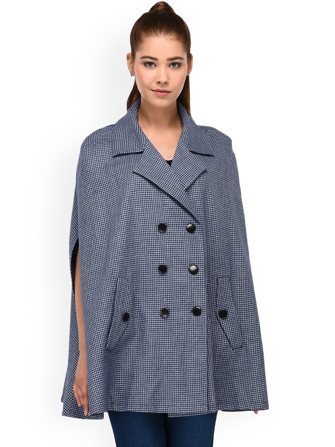 

Owncraft Women Blue Checked Wollen Cape Jacket
