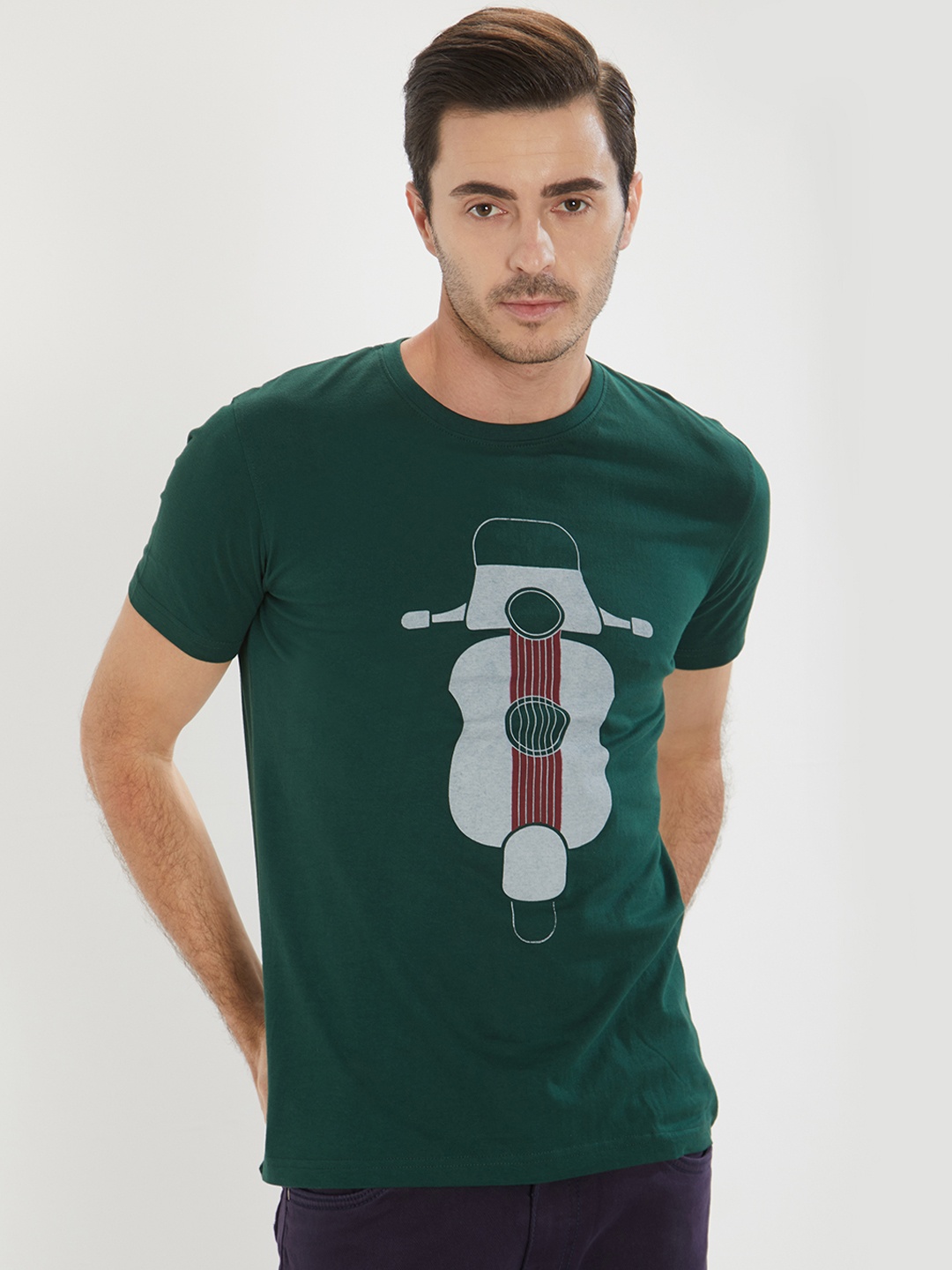 

Road Rockers Men Green Printed Round Neck Pure Cotton T-shirt