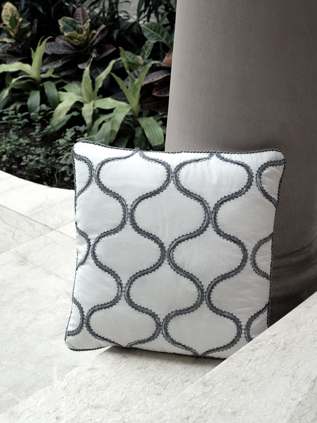 

Deco Window White & Silver-Toned Single Embroidered Square Cushion Cover