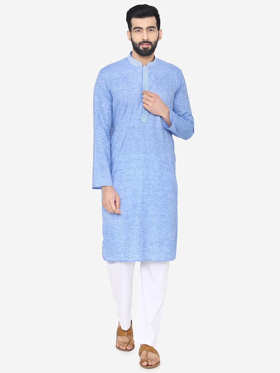 

Manyavar Men Blue & White Solid Kurta with Pyjama