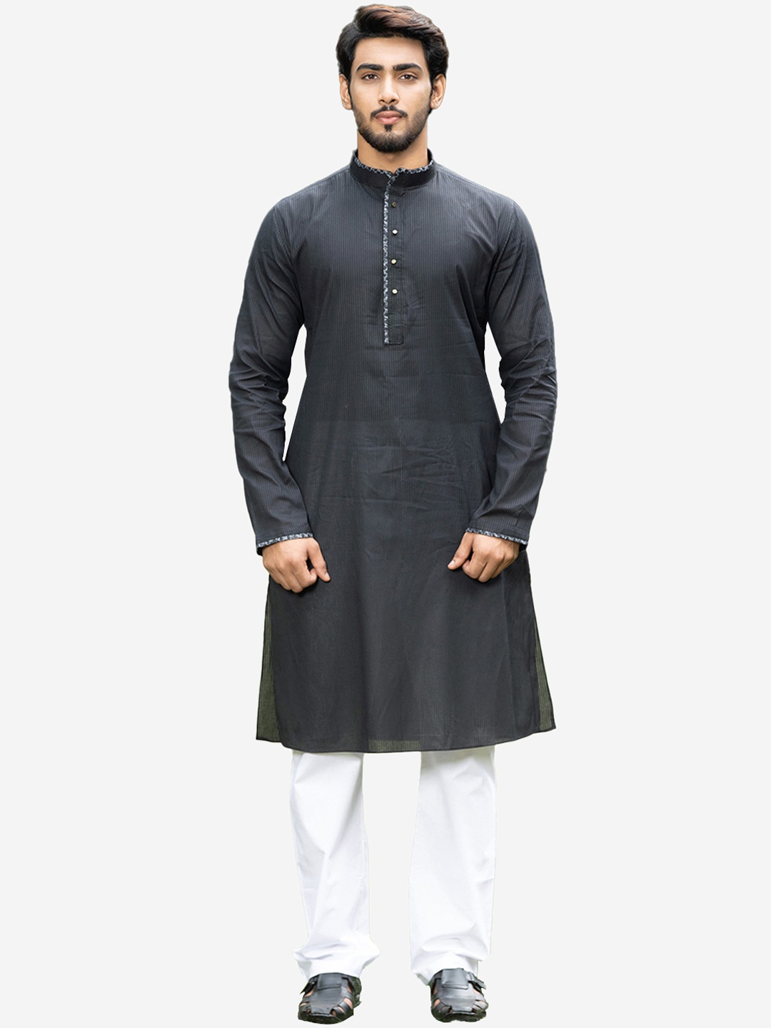 

Manyavar Men Black & White Self-Striped Kurta with Pyjamas