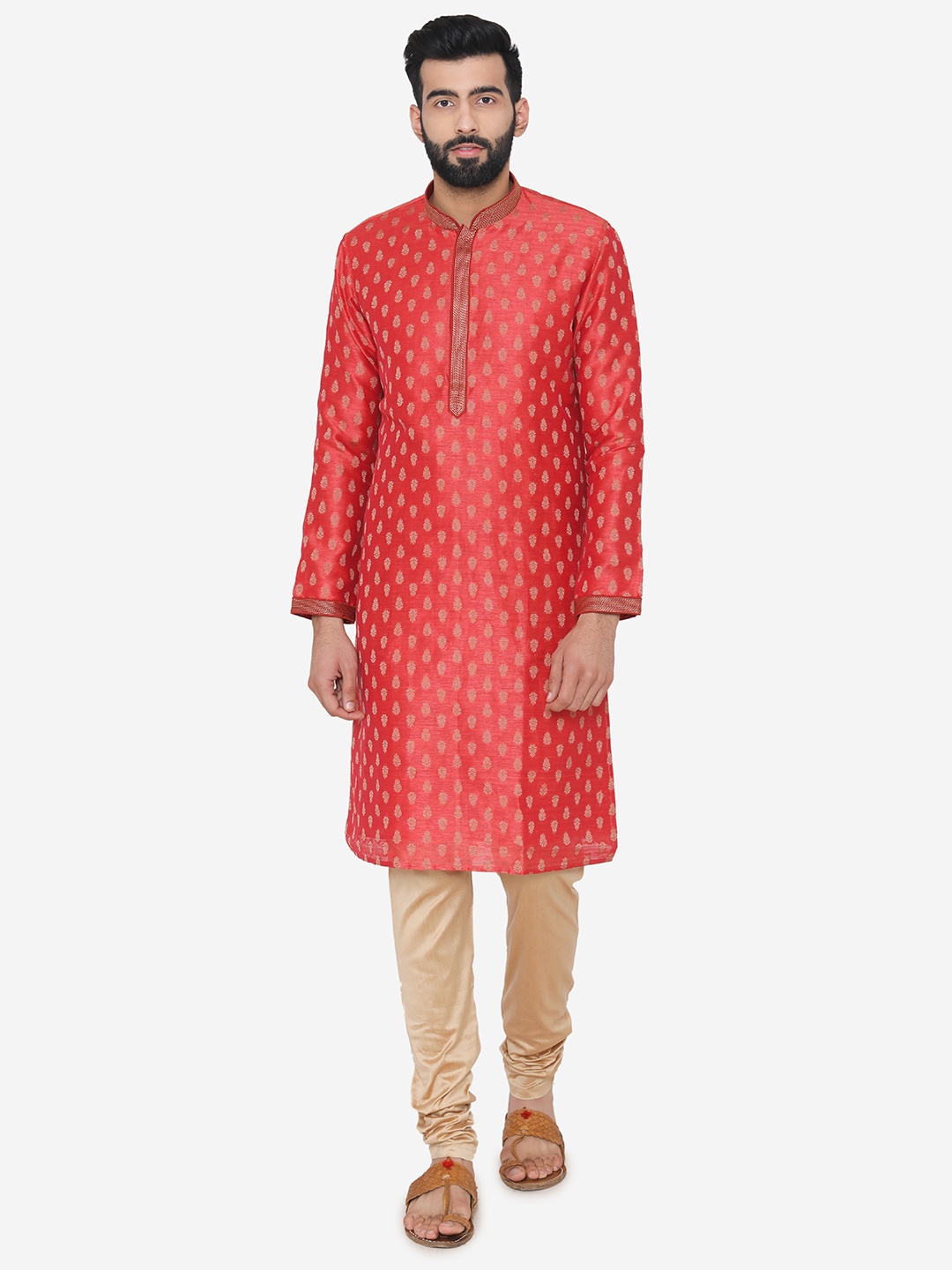 

Manyavar Men Red Self Design Kurta with Churidar