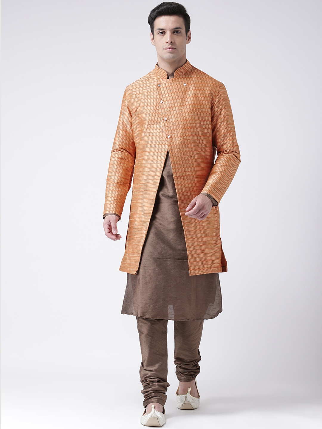 

DEYANN Men Orange & Brown Sherwani Set