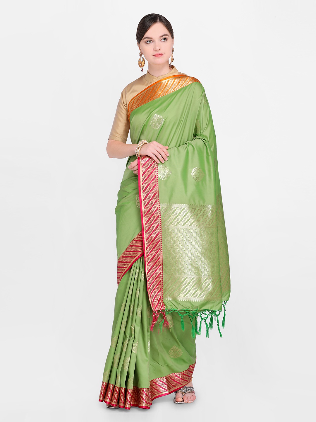 

Varkala Silk Sarees Green & Orange Silk Blend Woven Design Banarasi Saree