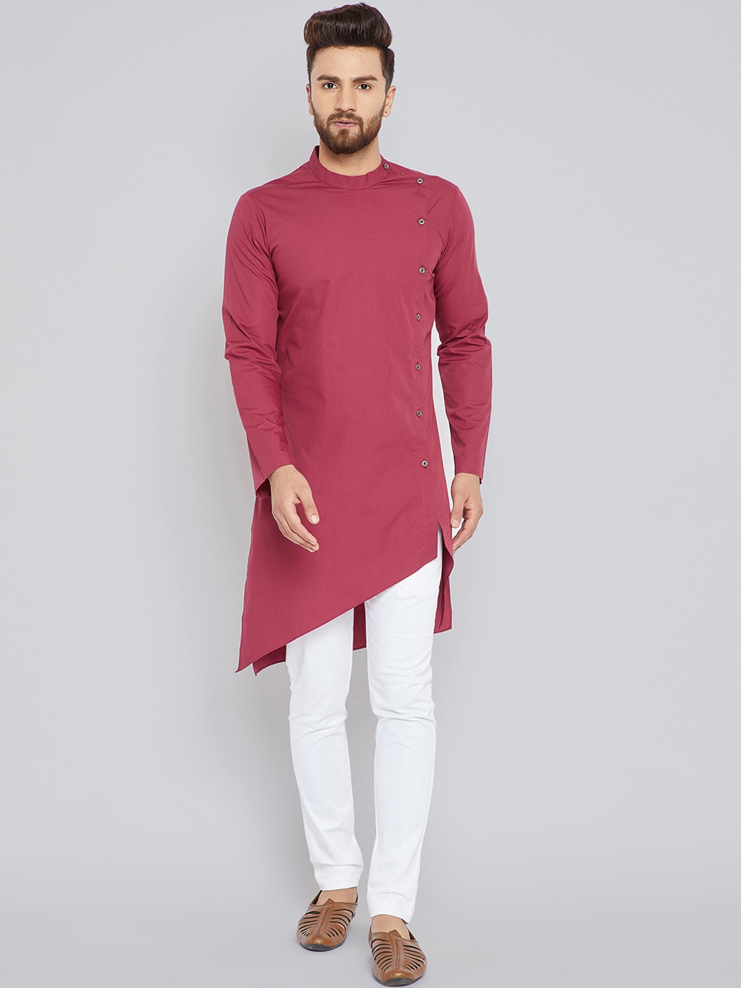 

See Designs Men Burgundy Solid Straight Asymmetric Kurta