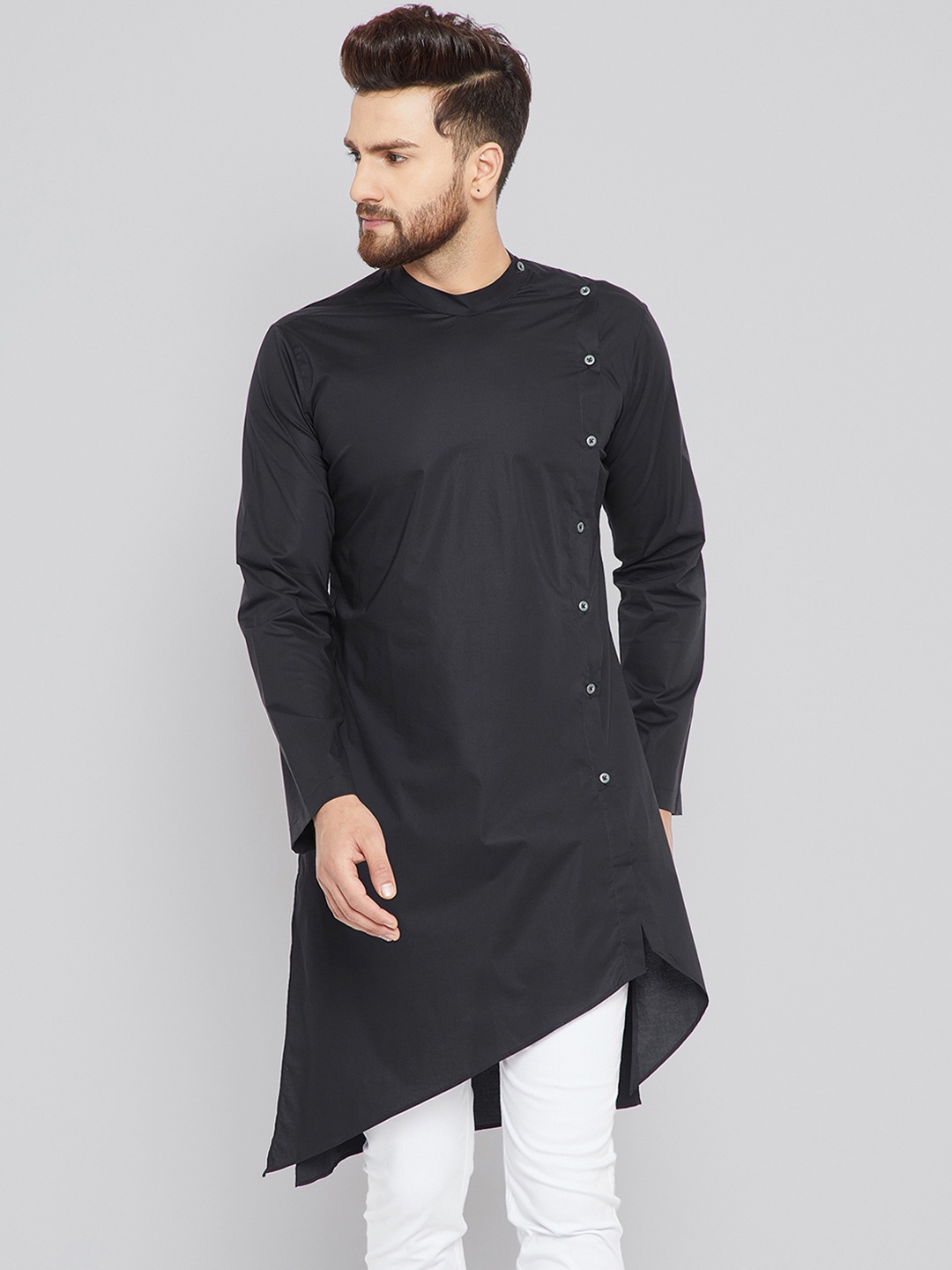 

See Designs Men Black Solid Straight Asymmetric Kurta