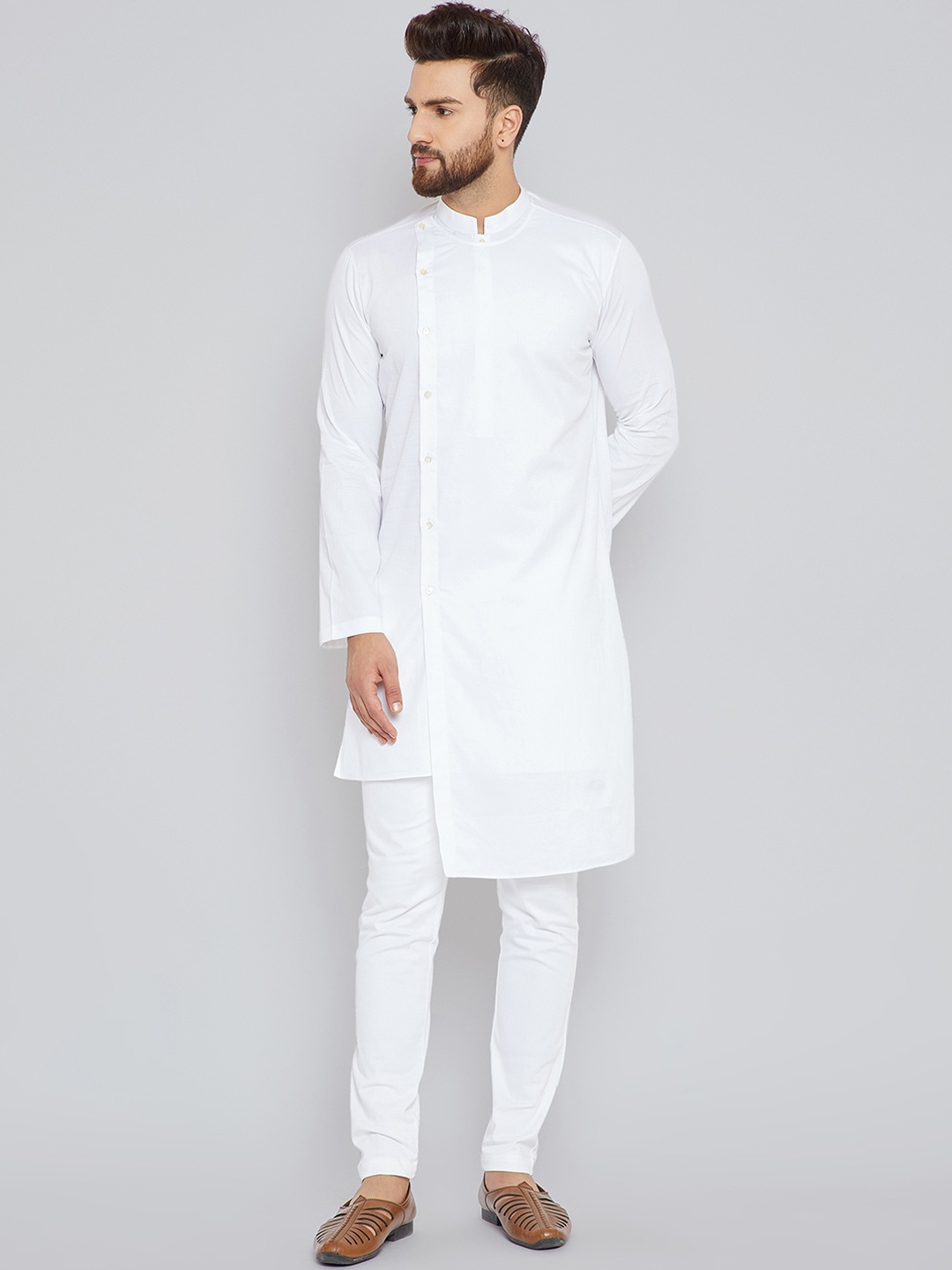 

See Designs Men White Solid Straight Asymmetric Kurta