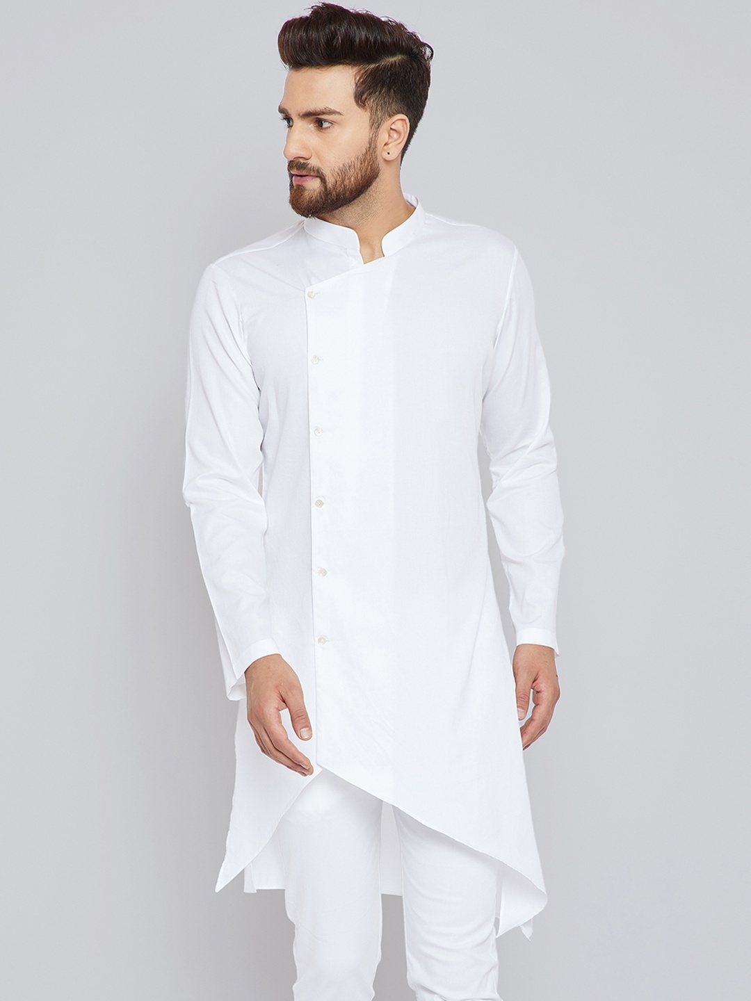 

See Designs Men White Solid Asymmetric Straight Kurta