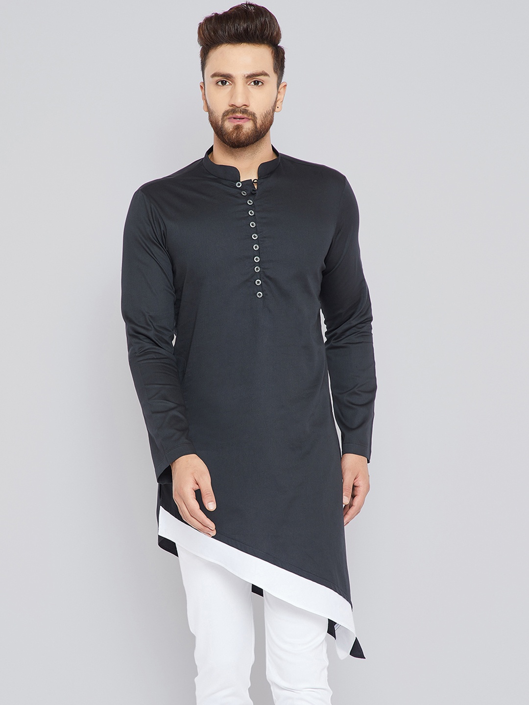 

See Designs Men Black Solid Straight Asymmetric Kurta