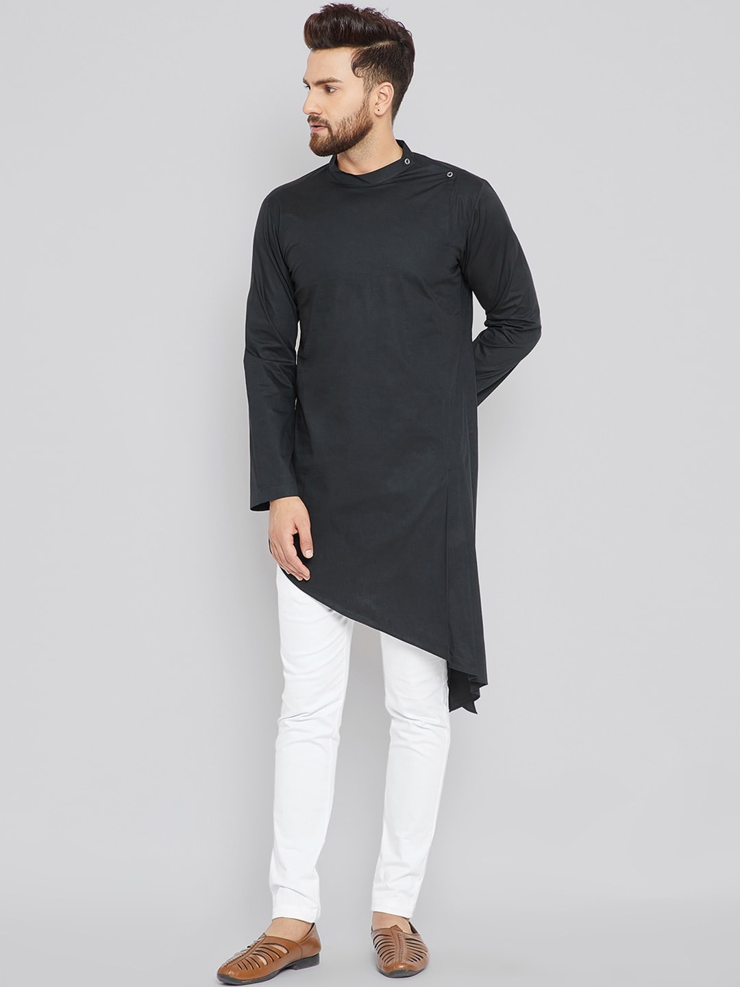 

See Designs Men Black Solid Asymmetric A-Line Kurta