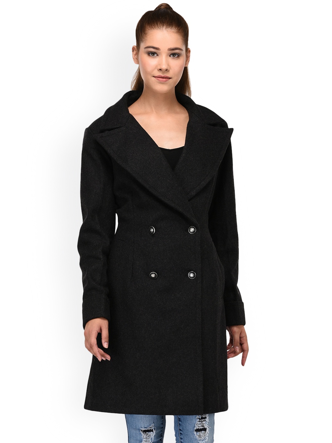 

Owncraft Women Charcoal Solid Wool Overcoat