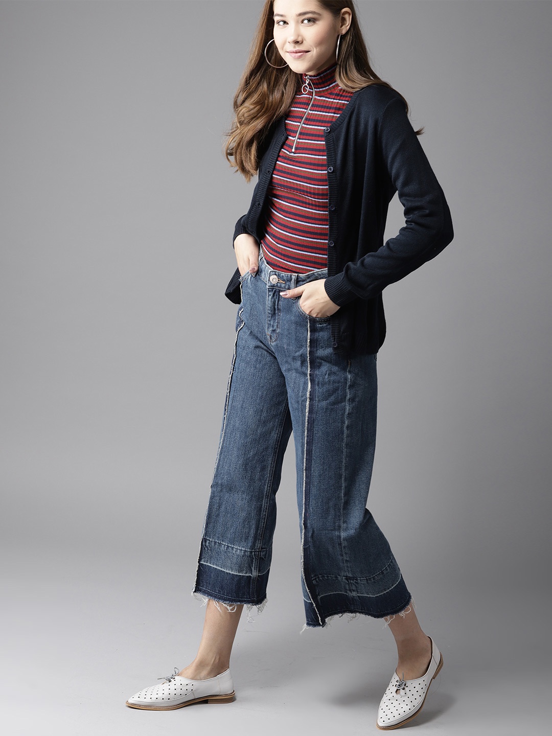

HERE&NOW Women Navy Blue Solid Cardigan