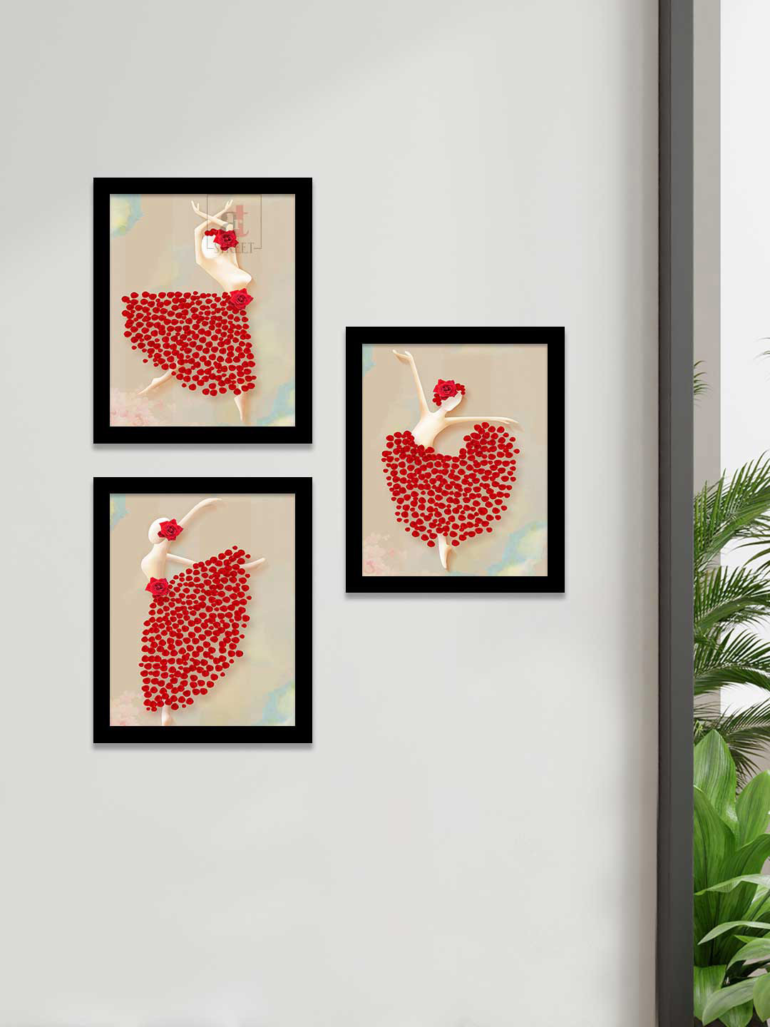 

Art Street Set of 3 Red Floral Dancing Lady Wall Paintings