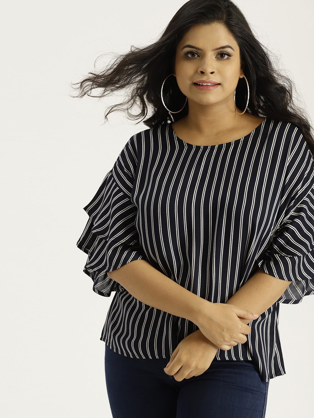 

Sztori Plus Size Women Navy Blue Off-White Striped Top