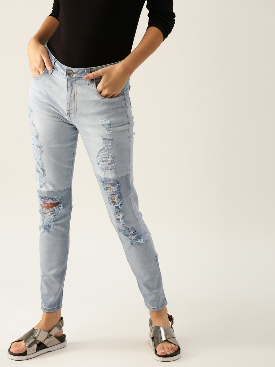 

United Colors of Benetton Women Blue Skinny Fit Mid-Rise Highly Distressed Stretchable Jeans