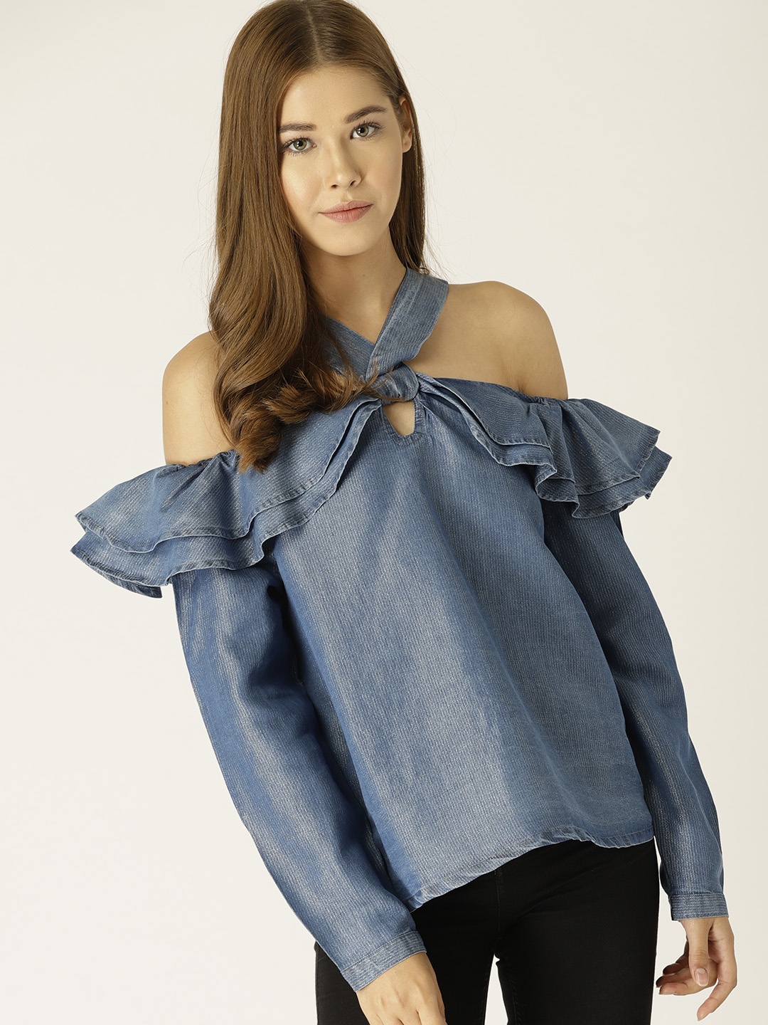 

United Colors of Benetton Women Blue Chambray Self Striped Bardot Top