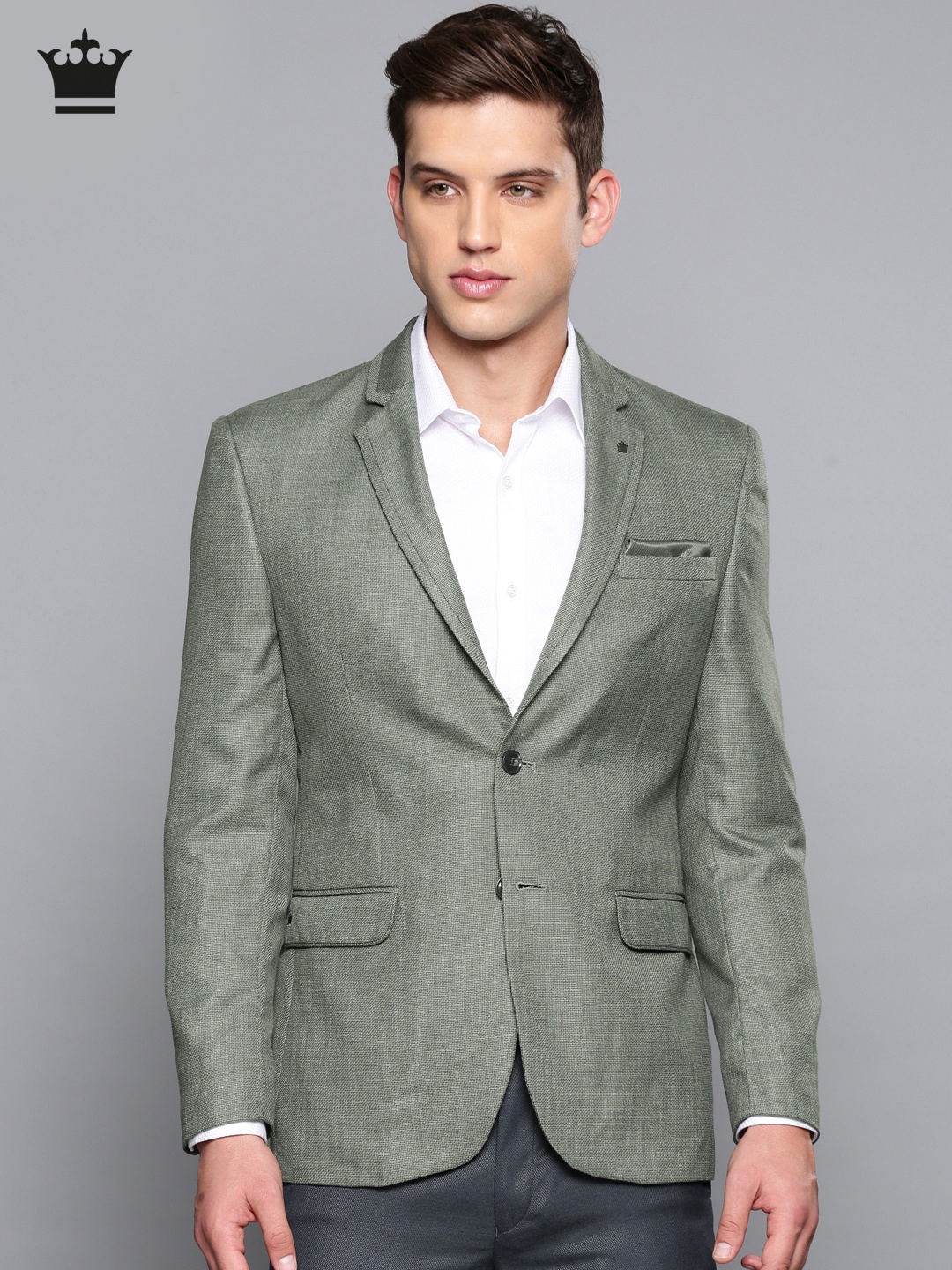 Louis Philippe Men Grey Woollen Self Design Tailored Fit Formal Blazer