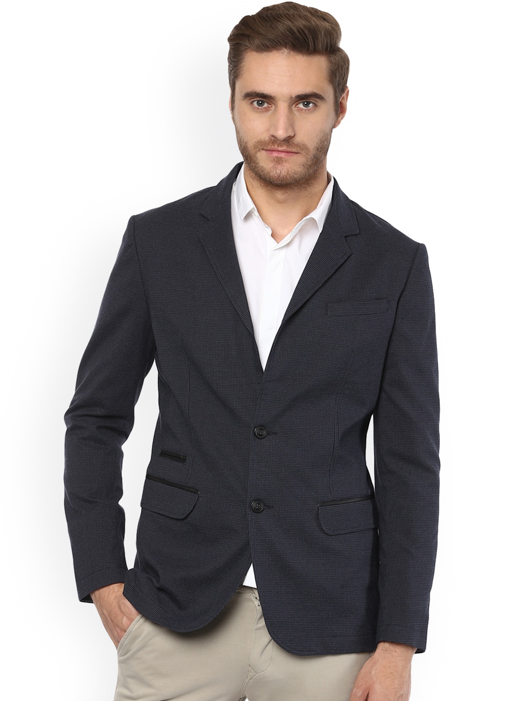 

Mufti Men Navy Blue Self Design Slim Fit Single-Breasted Casual Blazer