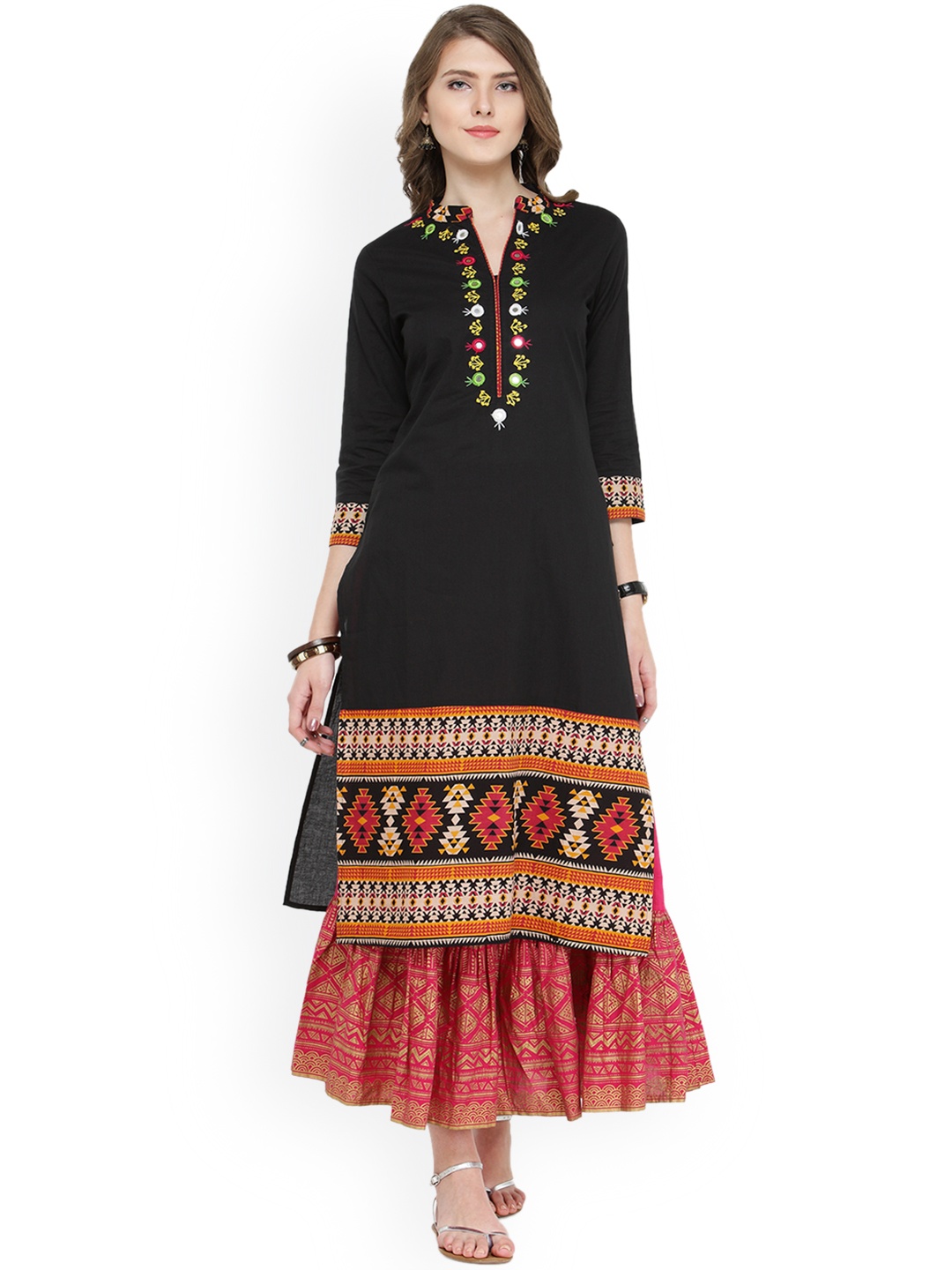 

Varanga Women Black & Pink Embroidered Kurta with Skirt
