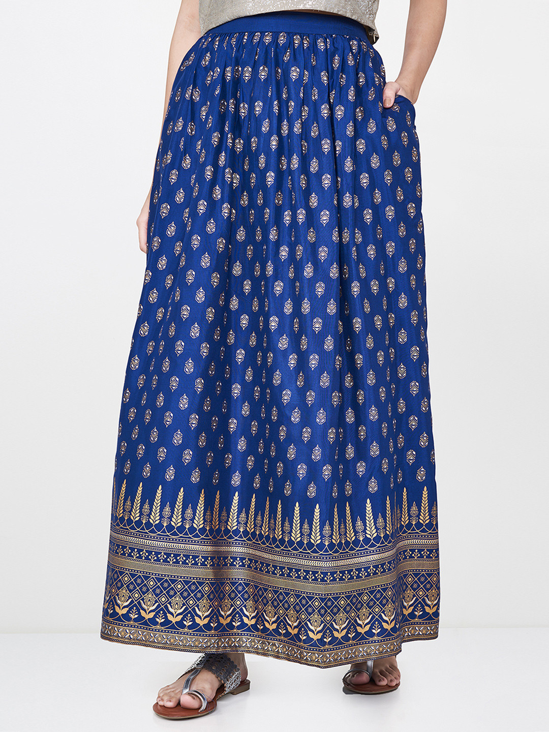 

Global Desi Women Navy Printed A-line Maxi Skirt, Navy blue