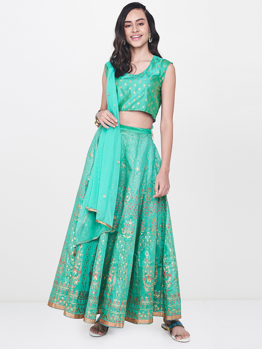 

Global Desi Turquoise Blue Ready to Wear Lehenga & Blouse with Dupatta