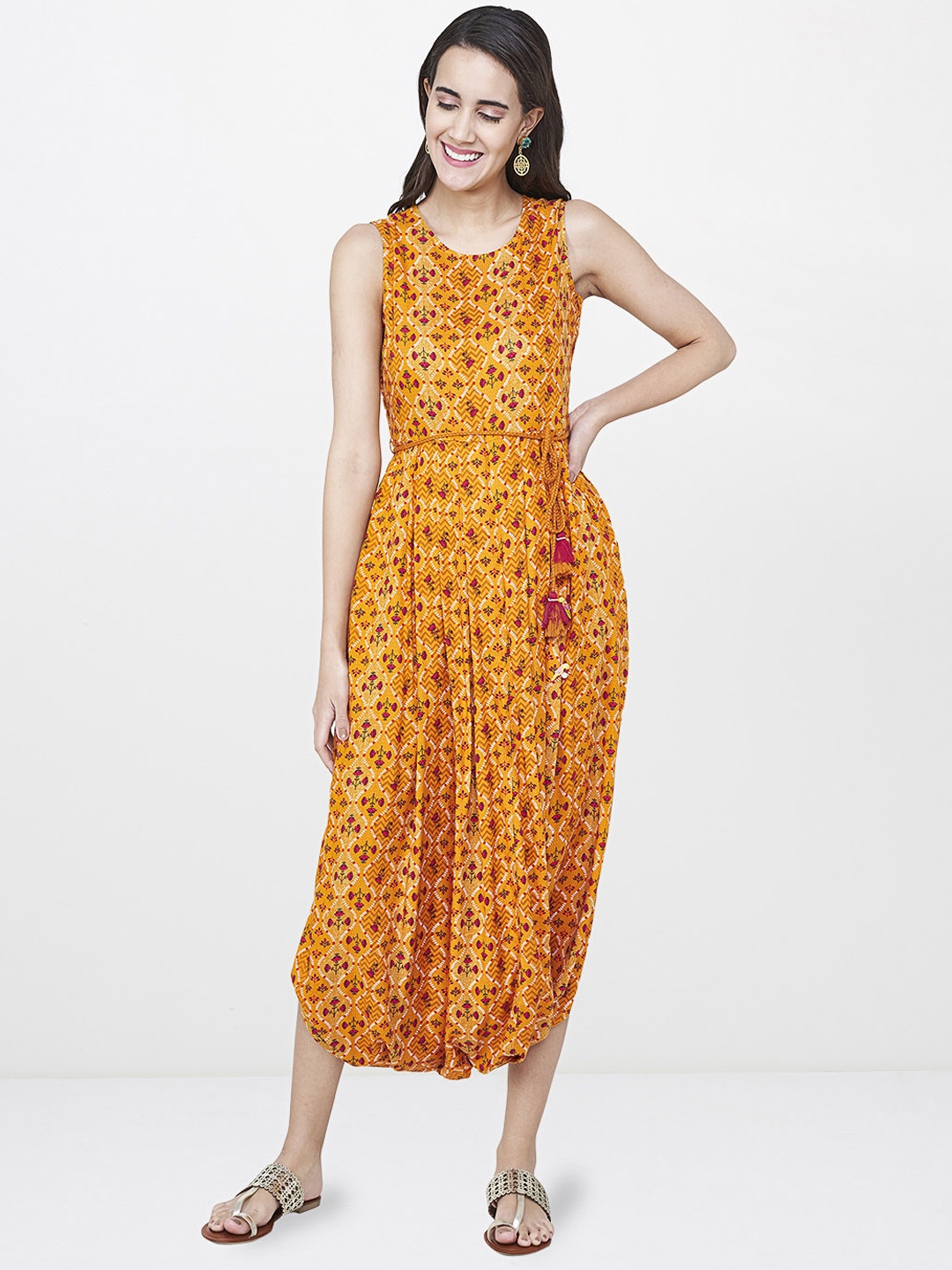 

Global Desi Mustard & Mustard Printed Basic Jumpsuit