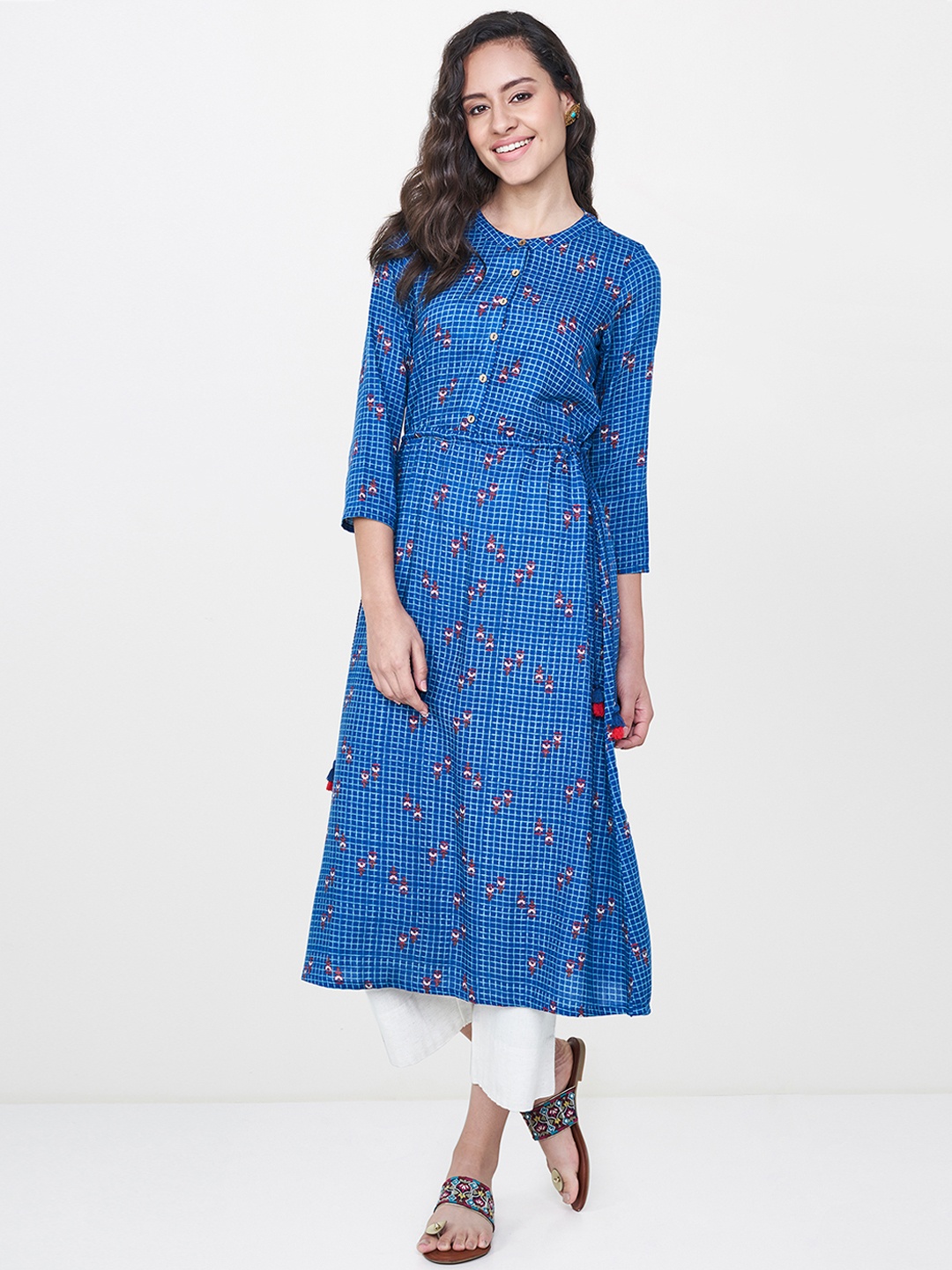 

Global Desi Women Blue Printed A-Line Kurta