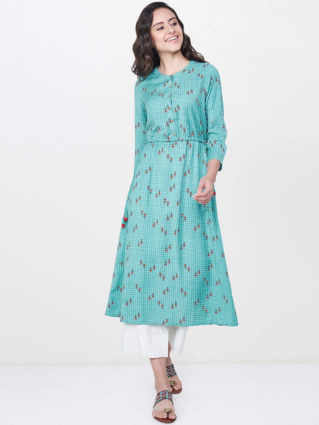

Global Desi Women Sea Green Printed A-Line Kurta