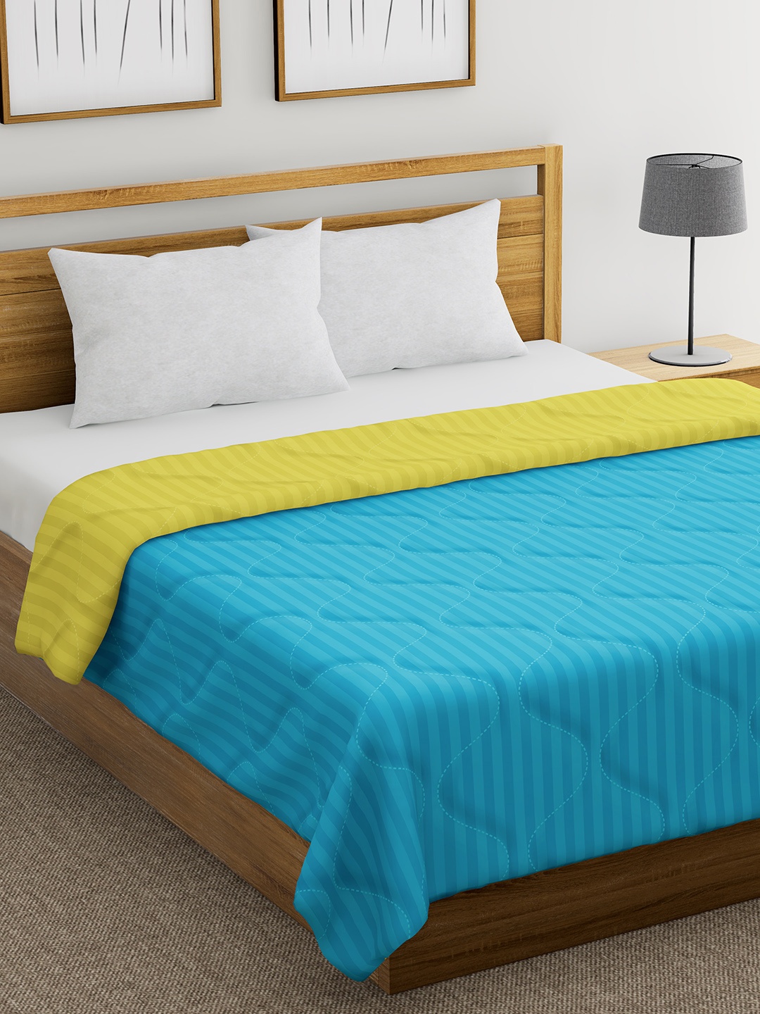 

Divine Casa Yellow & Blue Striped AC Room 210 GSM Single Bed Comforter