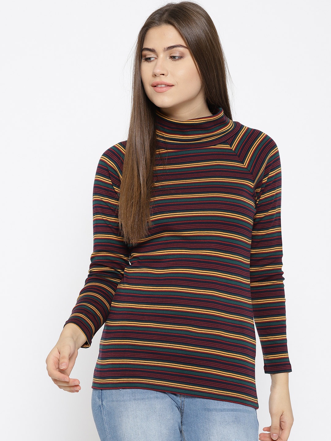 

ESPRIT Women Navy & Maroon Striped Turtle Neck T-shirt, Navy blue