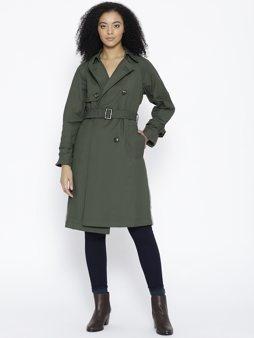 

Mast & Harbour Women Olive Green Double-Breasted Solid Overcoat