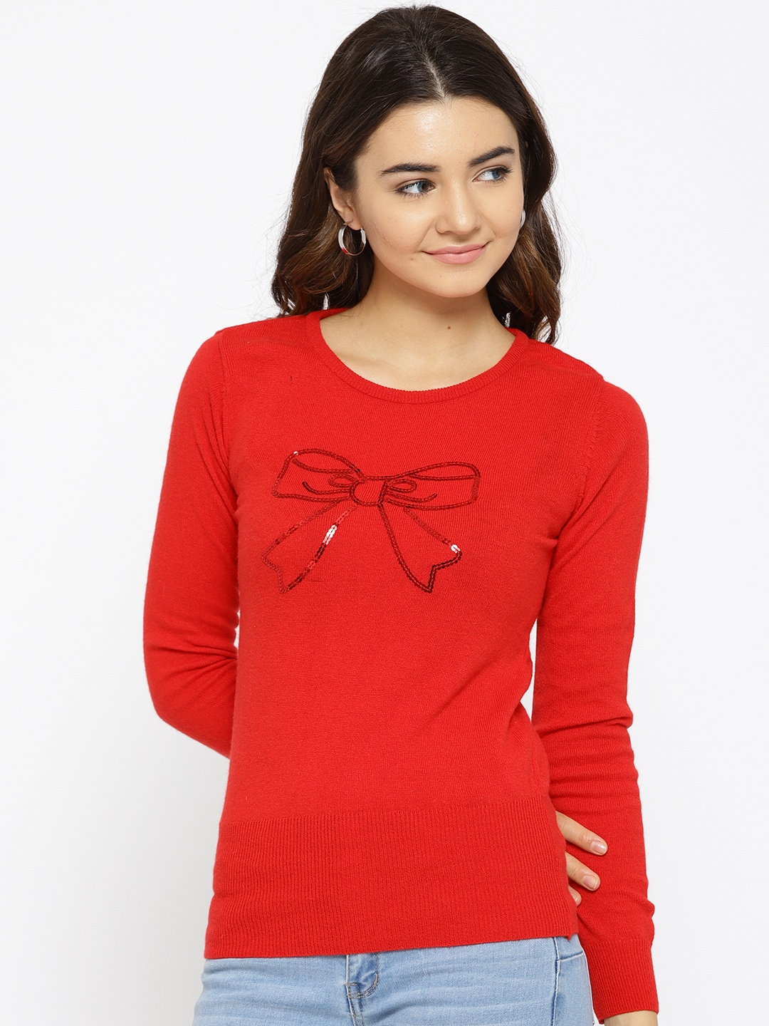 

Species Women Red Solid Pullover with Sequinned Detail